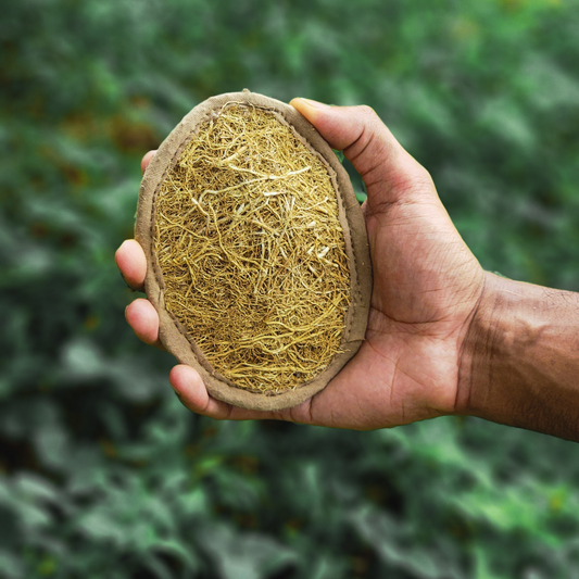 Vetiver bath scrubber in a person's hand